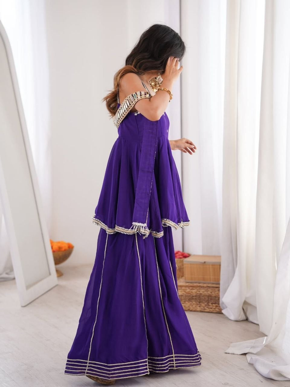 Womenline Royal Purple Peplum Sharara Set with Mirror Lace Dupatta