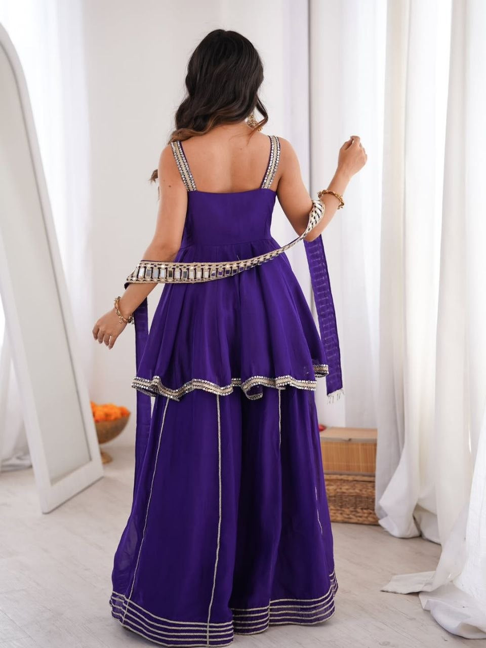 Womenline Royal Purple Peplum Sharara Set with Mirror Lace Dupatta