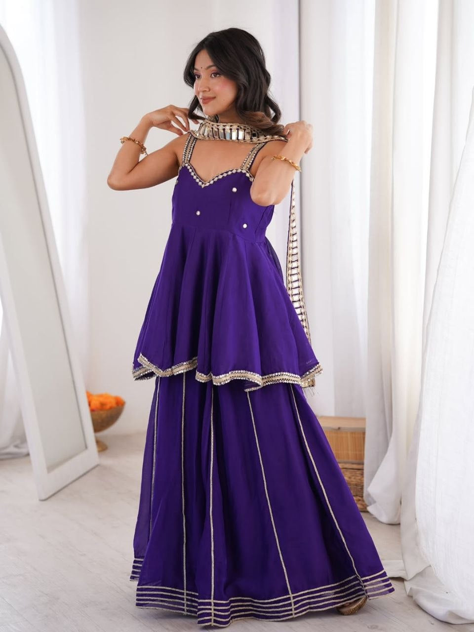 Womenline Royal Purple Peplum Sharara Set with Mirror Lace Dupatta