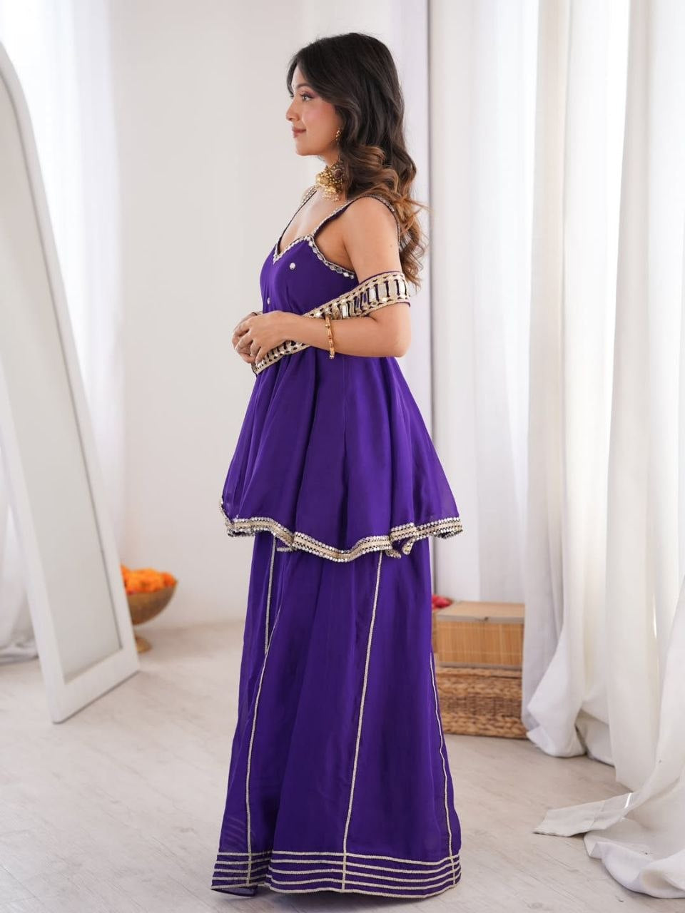 Womenline Royal Purple Peplum Sharara Set with Mirror Lace Dupatta