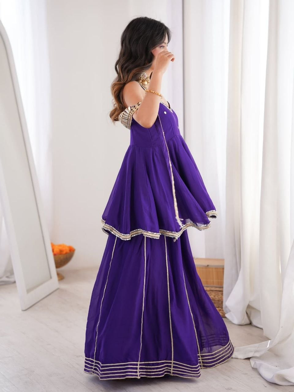 Womenline Royal Purple Peplum Sharara Set with Mirror Lace Dupatta