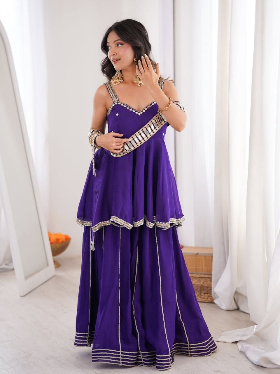 Womenline Royal Purple Peplum Sharara Set with Mirror Lace Dupatta