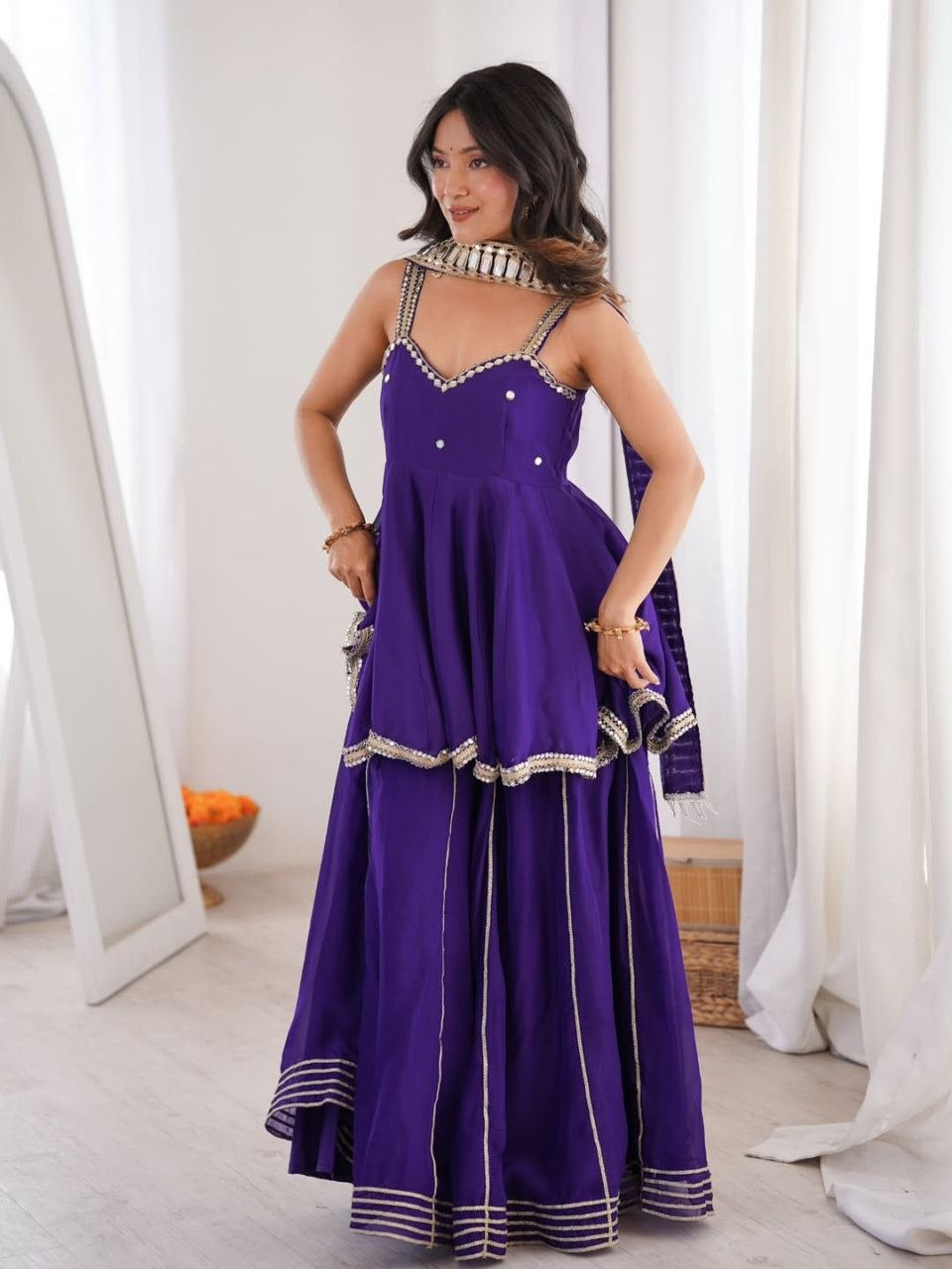 Womenline Royal Purple Peplum Sharara Set with Mirror Lace Dupatta