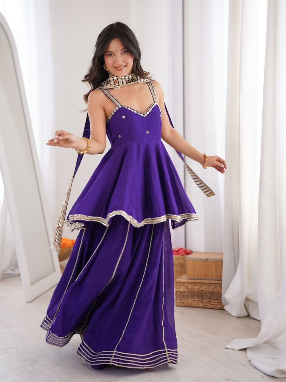 Womenline Royal Purple Peplum Sharara Set with Mirror Lace Dupatta