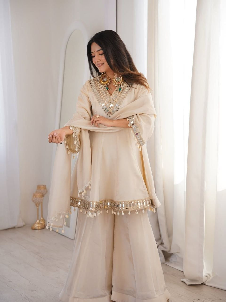 Womenline Beige Mirror Work Kurta Sharara Set with Dupatta