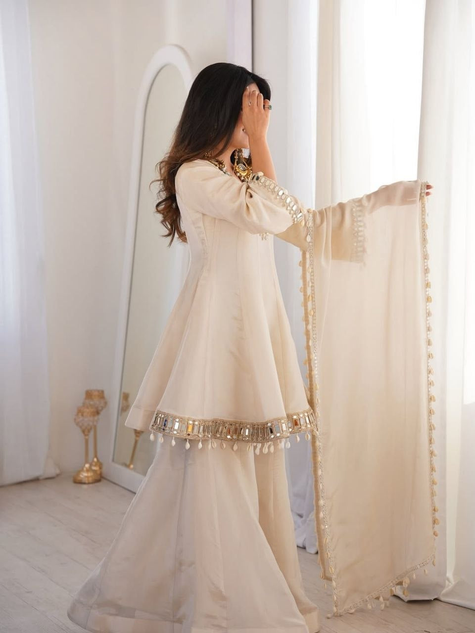 Womenline Beige Mirror Work Kurta Sharara Set with Dupatta