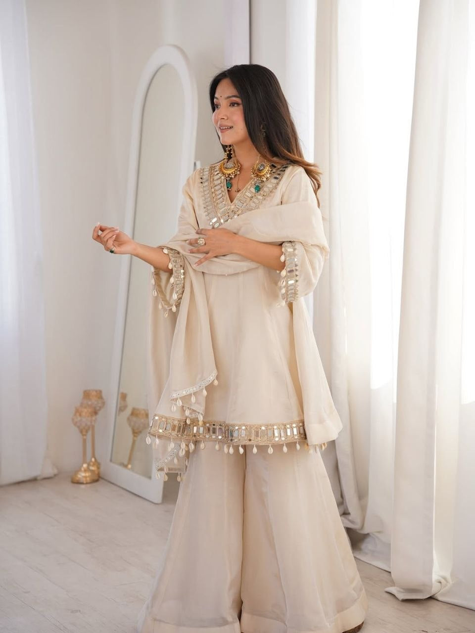 Womenline Beige Mirror Work Kurta Sharara Set with Dupatta