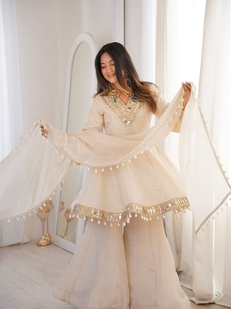 Womenline Beige Mirror Work Kurta Sharara Set with Dupatta