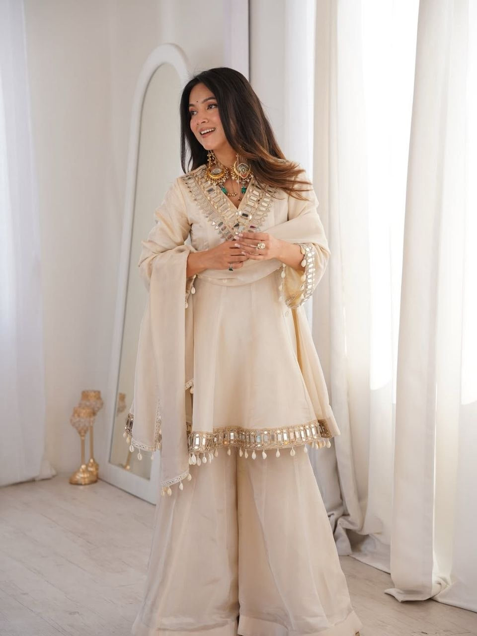 Womenline Beige Mirror Work Kurta Sharara Set with Dupatta