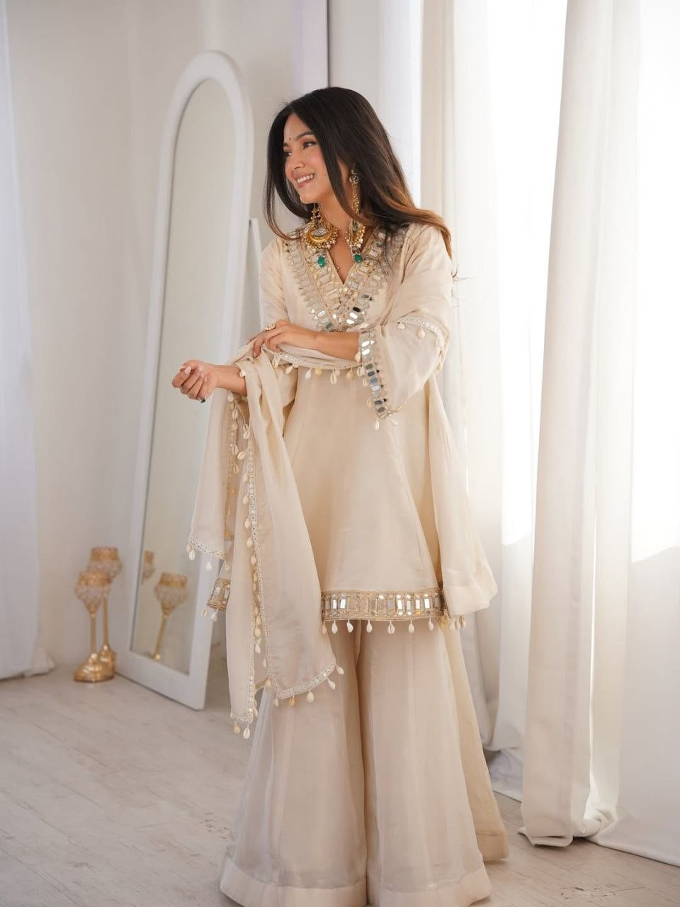 Womenline Beige Mirror Work Kurta Sharara Set with Dupatta