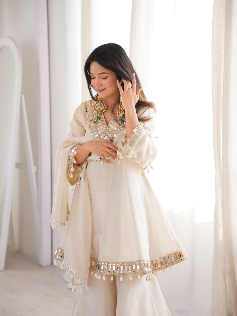 Womenline Beige Mirror Work Kurta Sharara Set with Dupatta