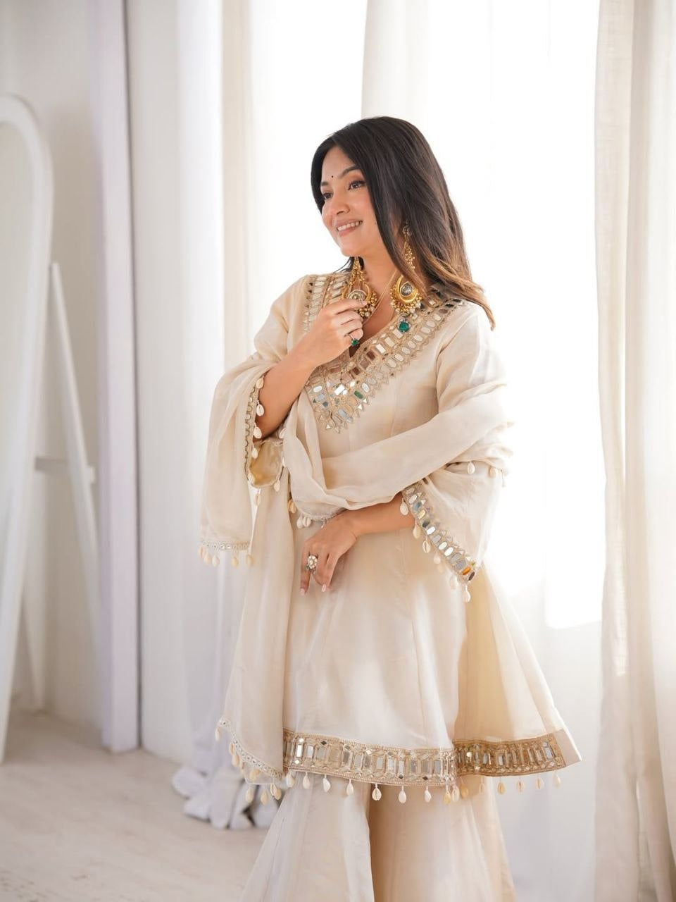 Womenline Beige Mirror Work Kurta Sharara Set with Dupatta