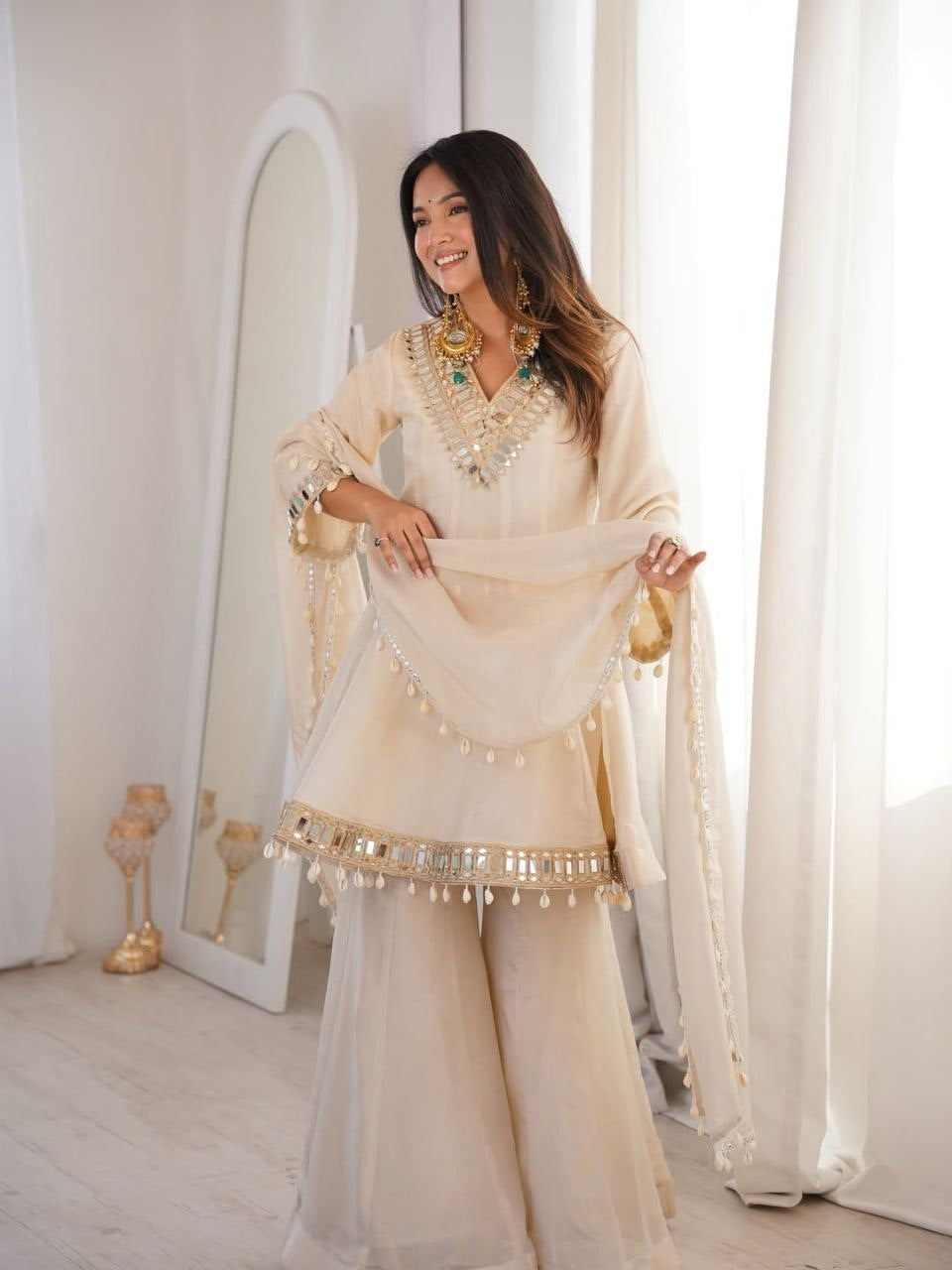 Womenline Beige Mirror Work Kurta Sharara Set with Dupatta