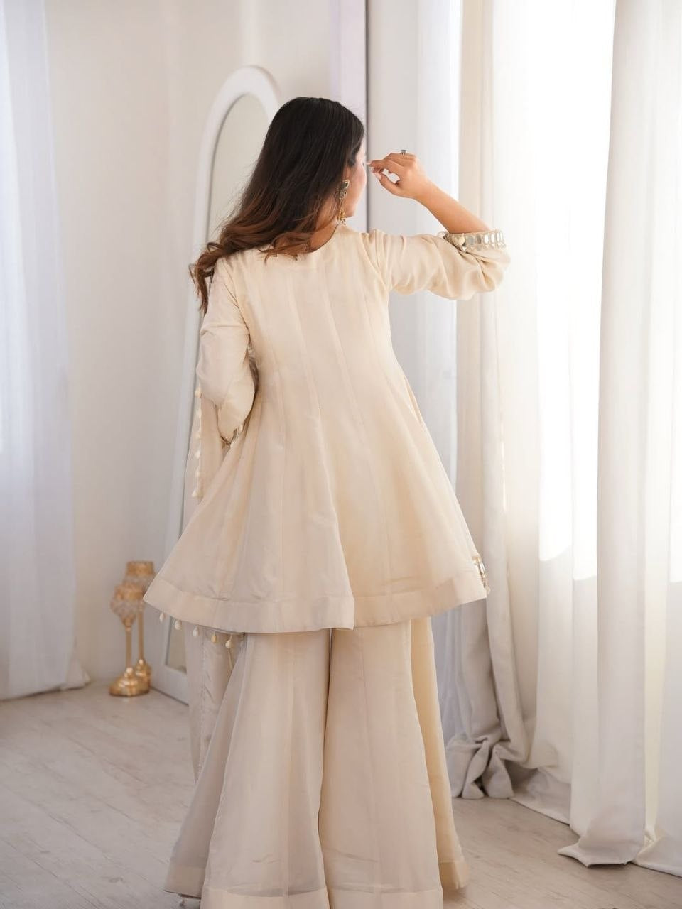 Womenline Beige Mirror Work Kurta Sharara Set with Dupatta