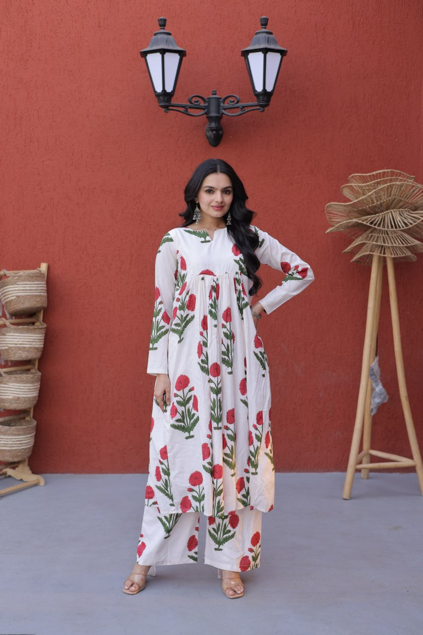 Womenline White Floral Printed Kurta Palazzo Set