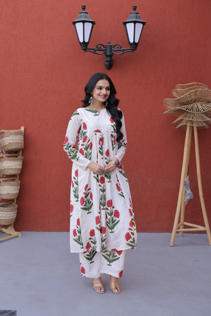 Womenline White Floral Printed Kurta Palazzo Set
