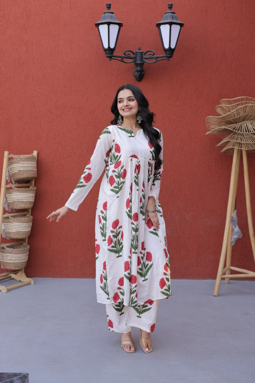 Womenline White Floral Printed Kurta Palazzo Set