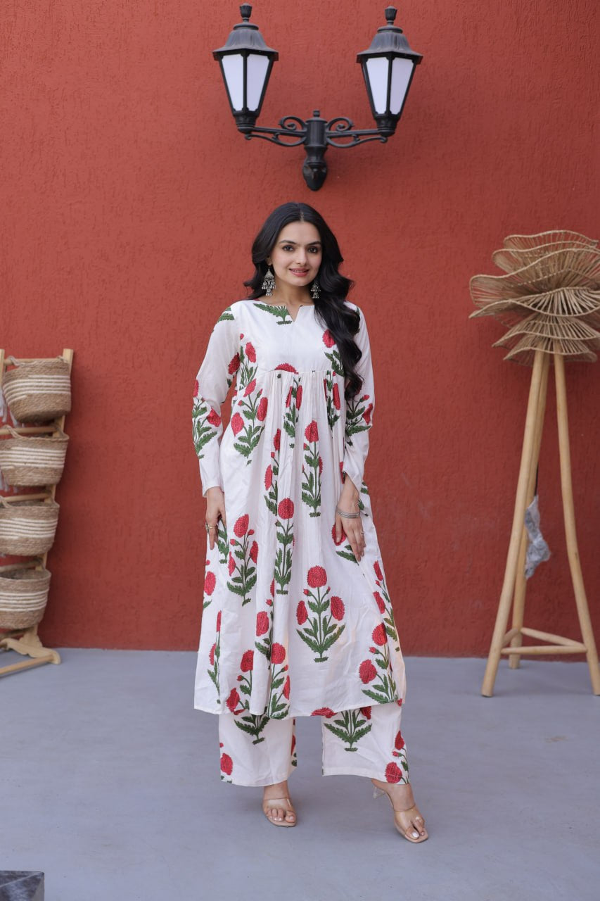 Womenline White Floral Printed Kurta Palazzo Set