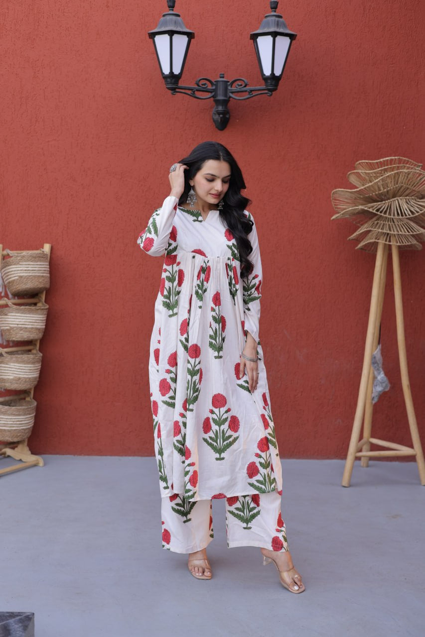 Womenline White Floral Printed Kurta Palazzo Set