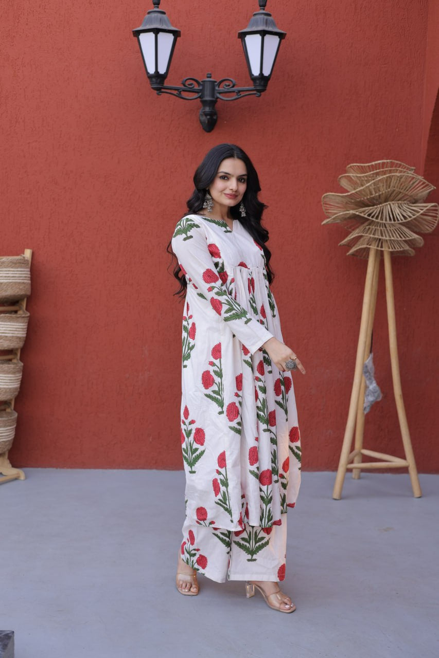 Womenline White Floral Printed Kurta Palazzo Set