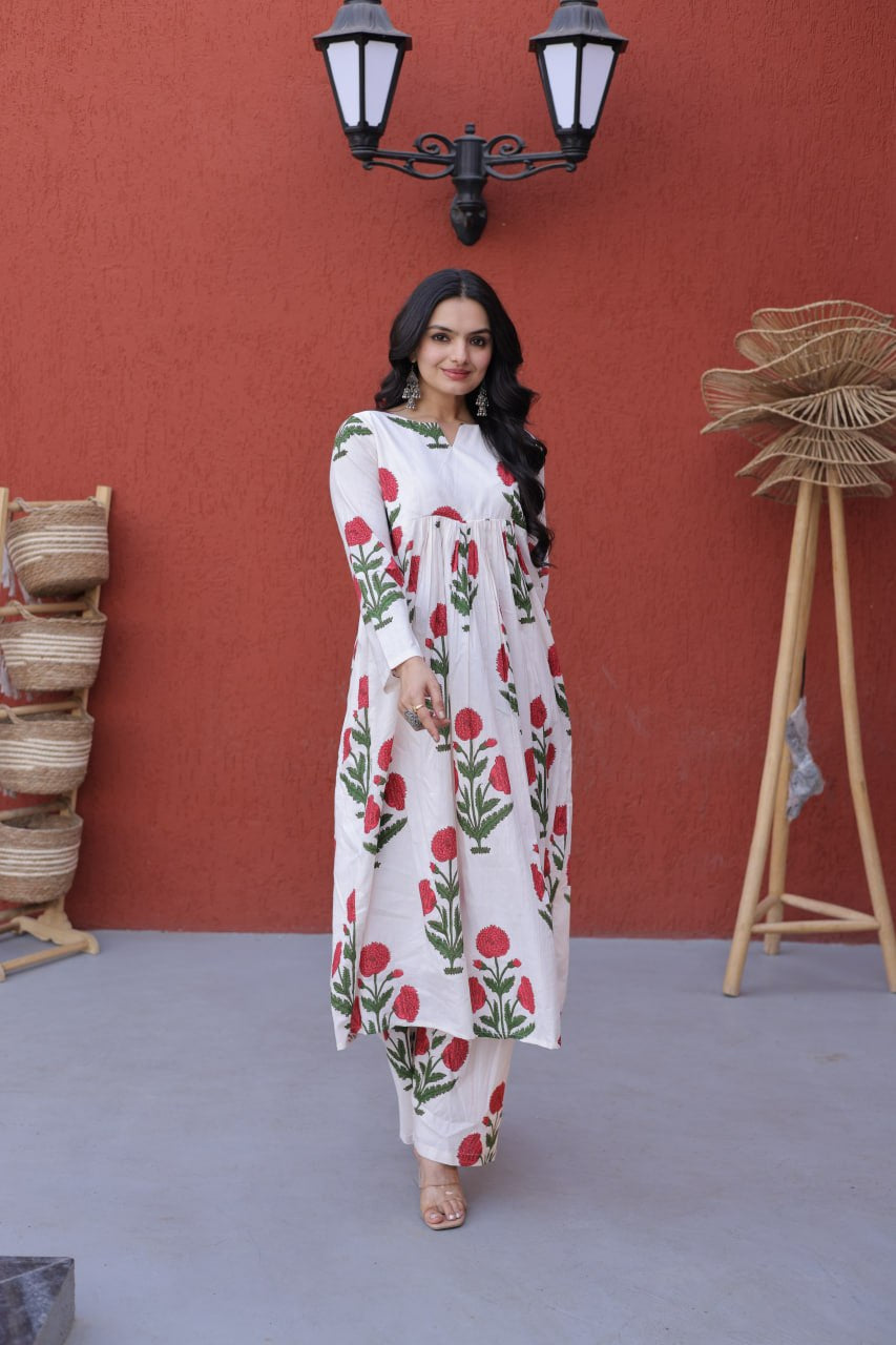 Womenline White Floral Printed Kurta Palazzo Set
