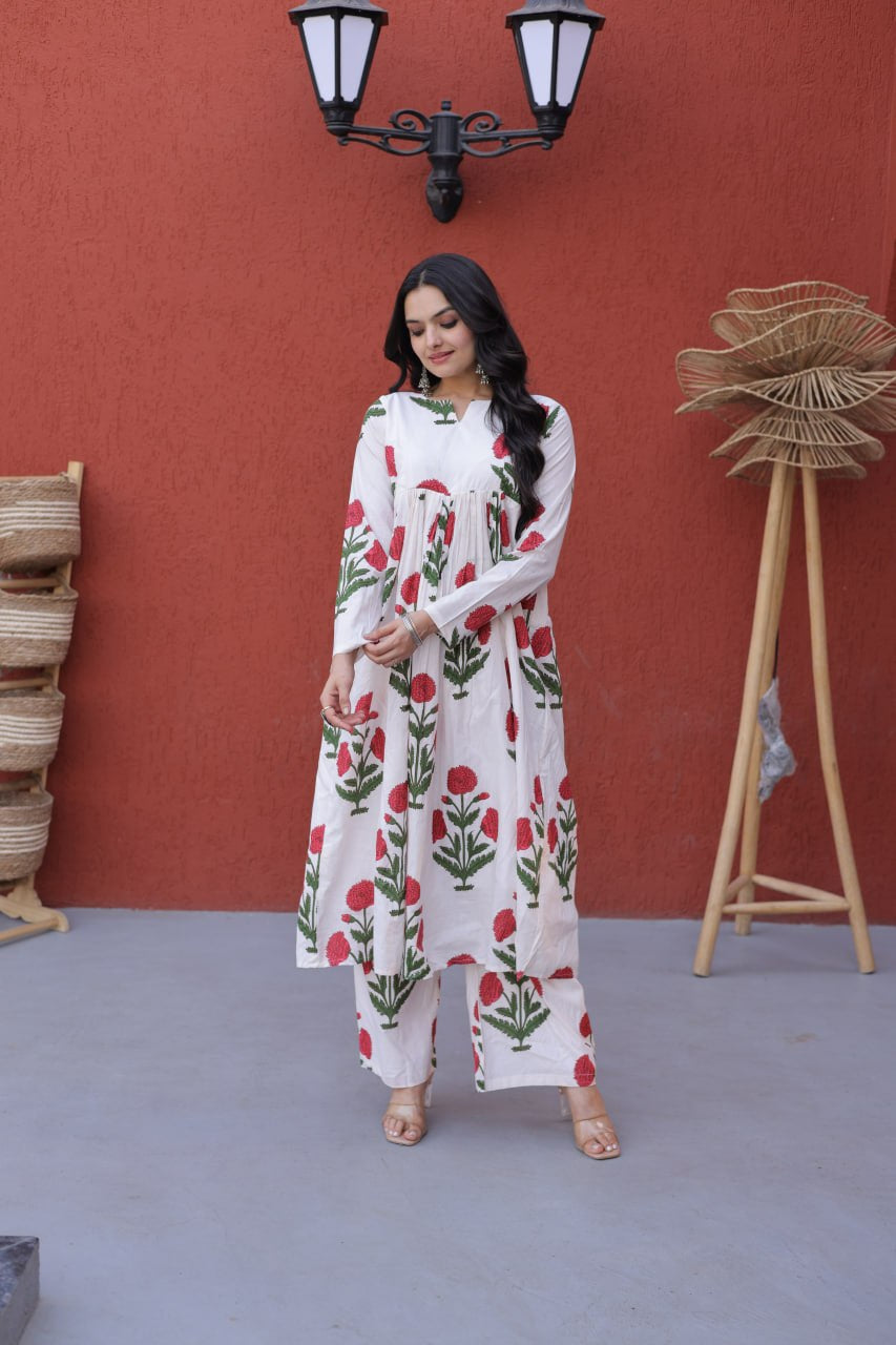 Womenline White Floral Printed Kurta Palazzo Set