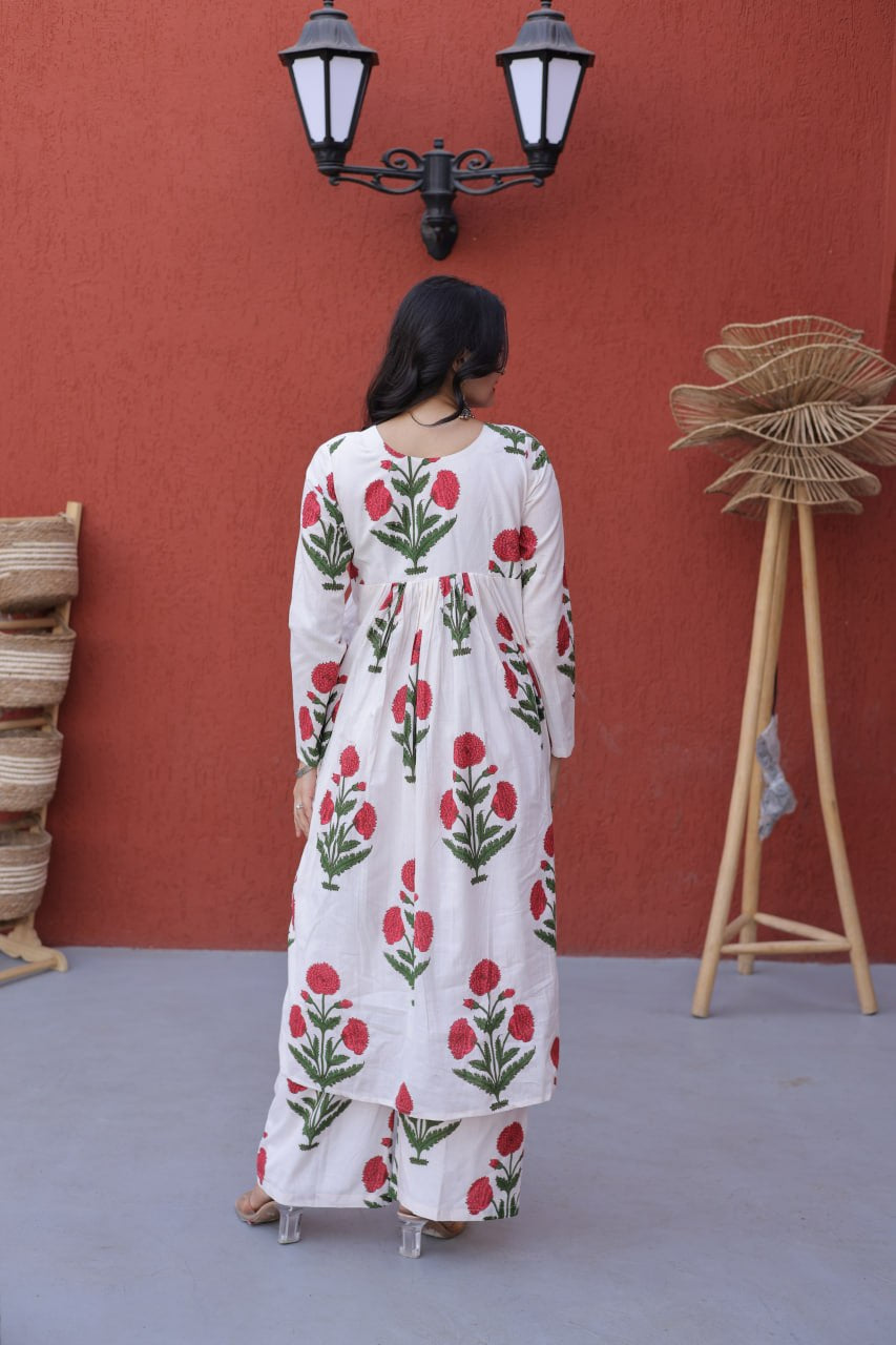 Womenline White Floral Printed Kurta Palazzo Set