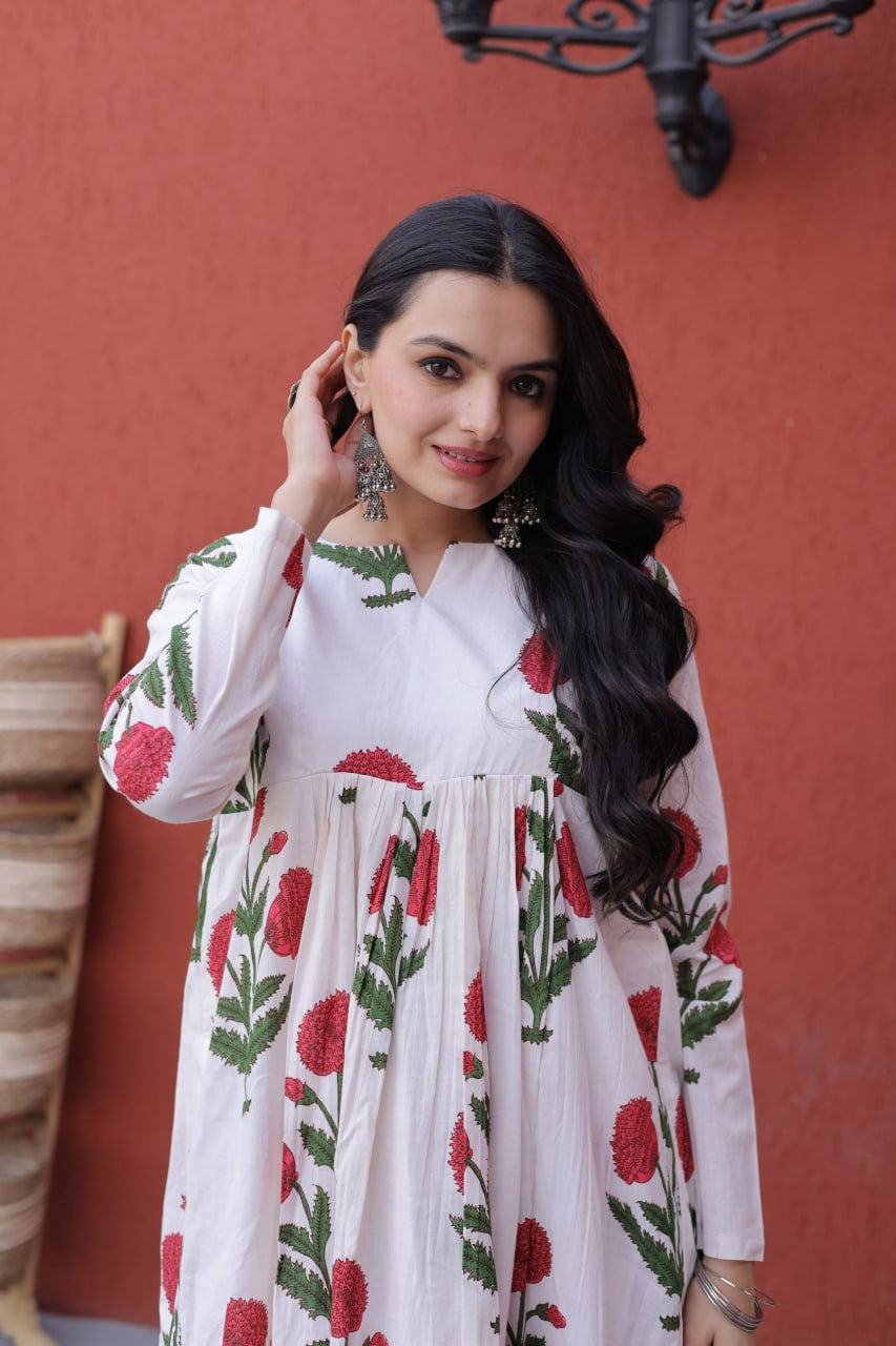 Womenline White Floral Printed Kurta Palazzo Set
