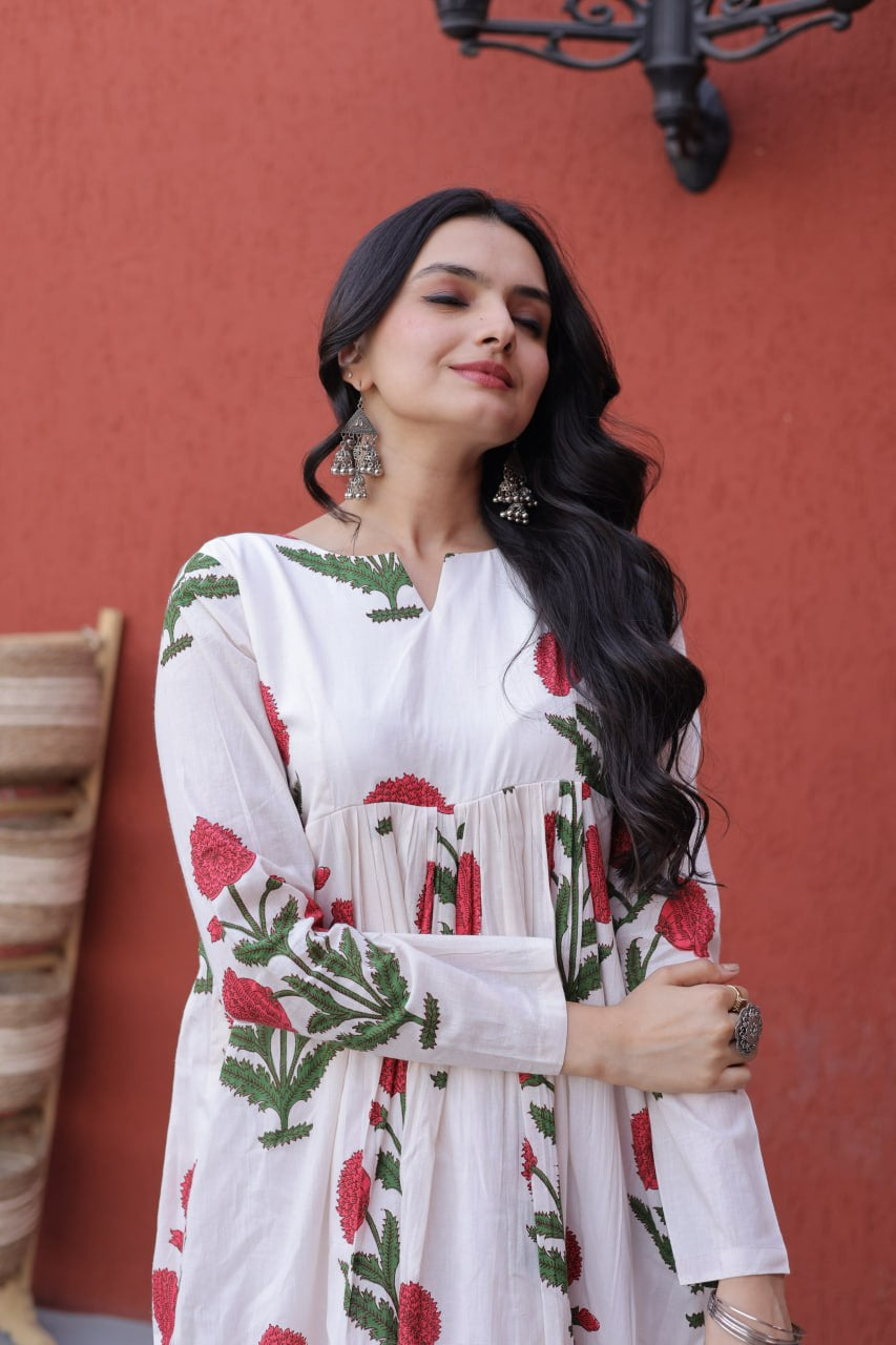 Womenline White Floral Printed Kurta Palazzo Set