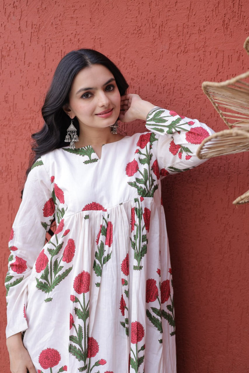 Womenline White Floral Printed Kurta Palazzo Set