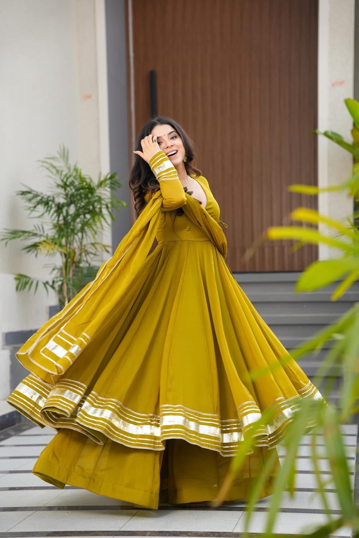 Womenline Olive Green Anarkali Sharara Set with Gota Border Dupatta