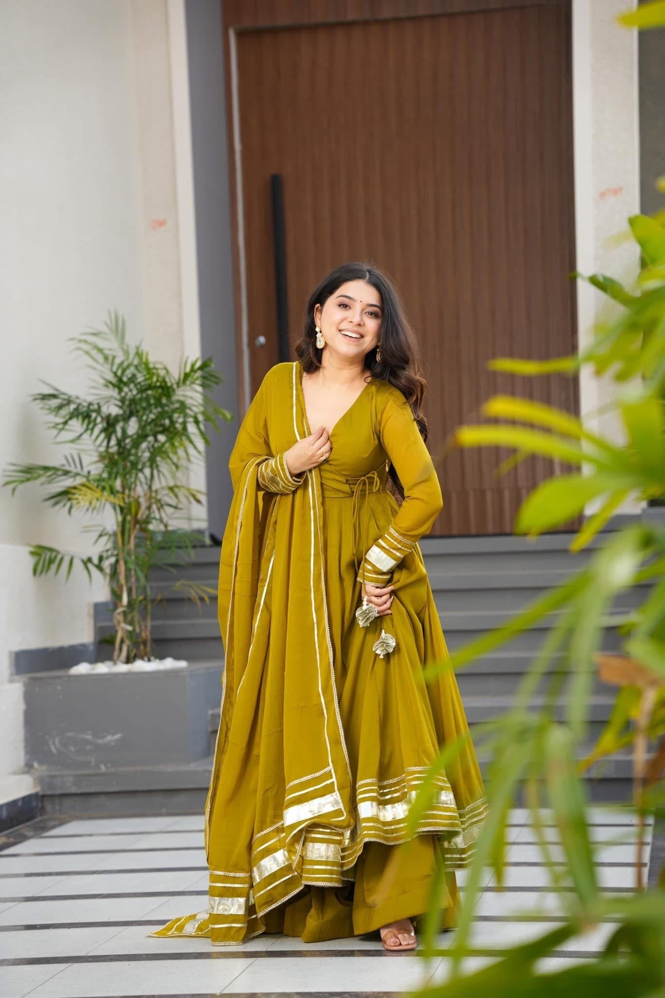 Womenline Olive Green Anarkali Sharara Set with Gota Border Dupatta