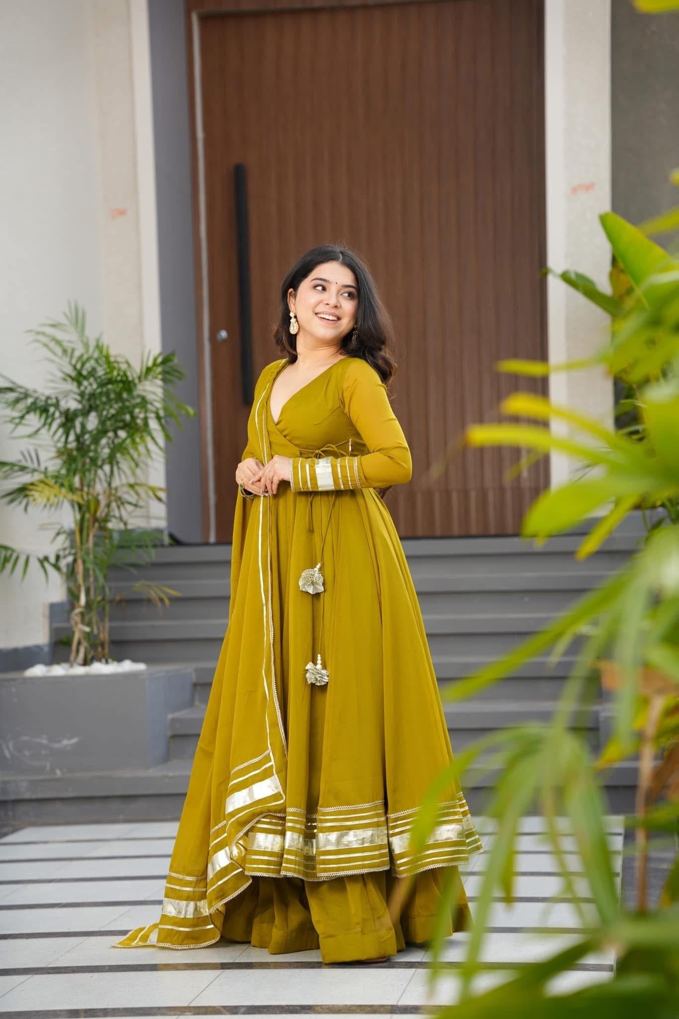 Womenline Olive Green Anarkali Sharara Set with Gota Border Dupatta