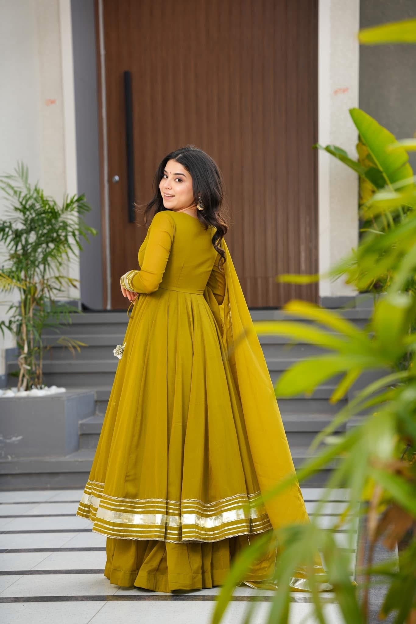 Womenline Olive Green Anarkali Sharara Set with Gota Border Dupatta