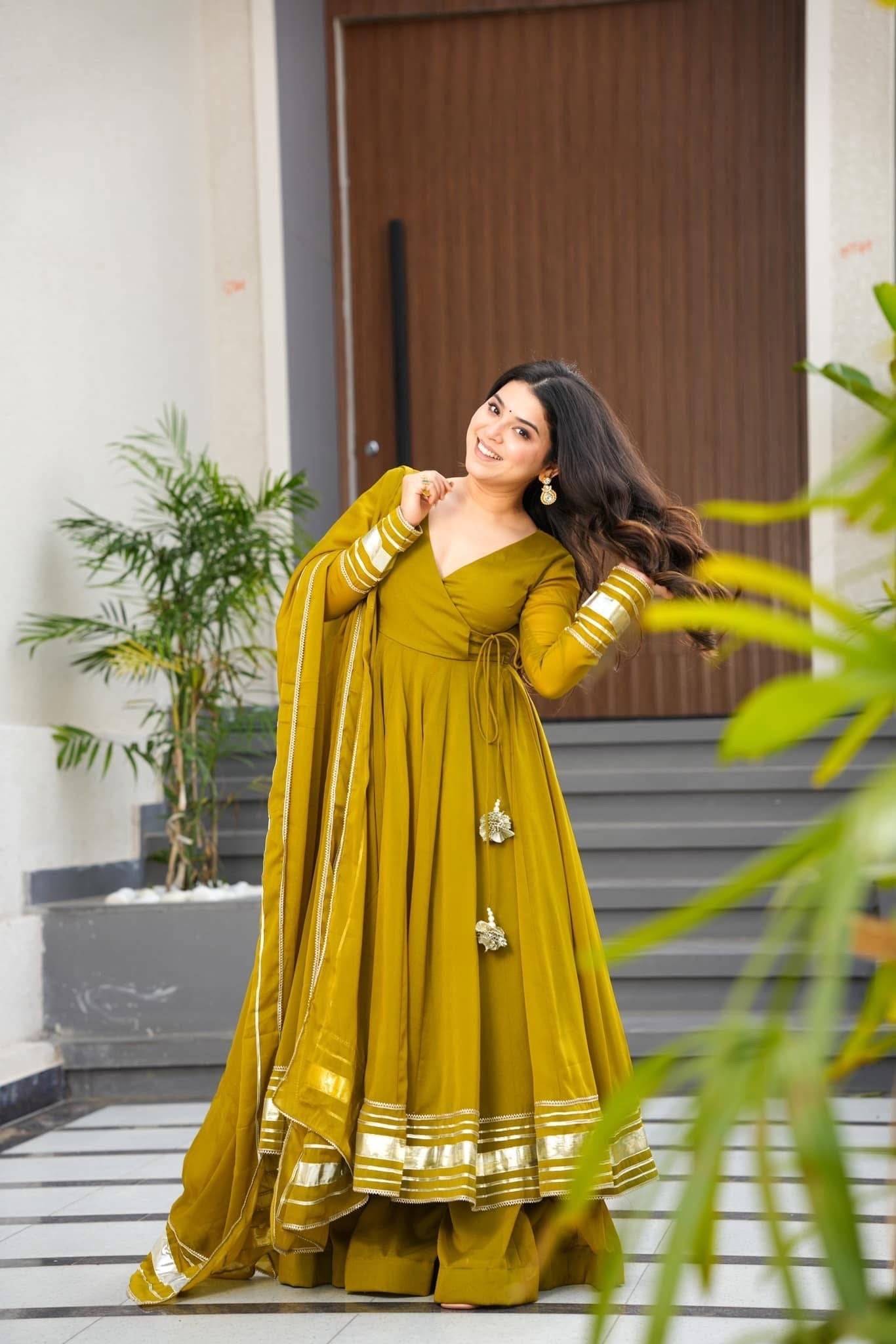 Womenline Olive Green Anarkali Sharara Set with Gota Border Dupatta