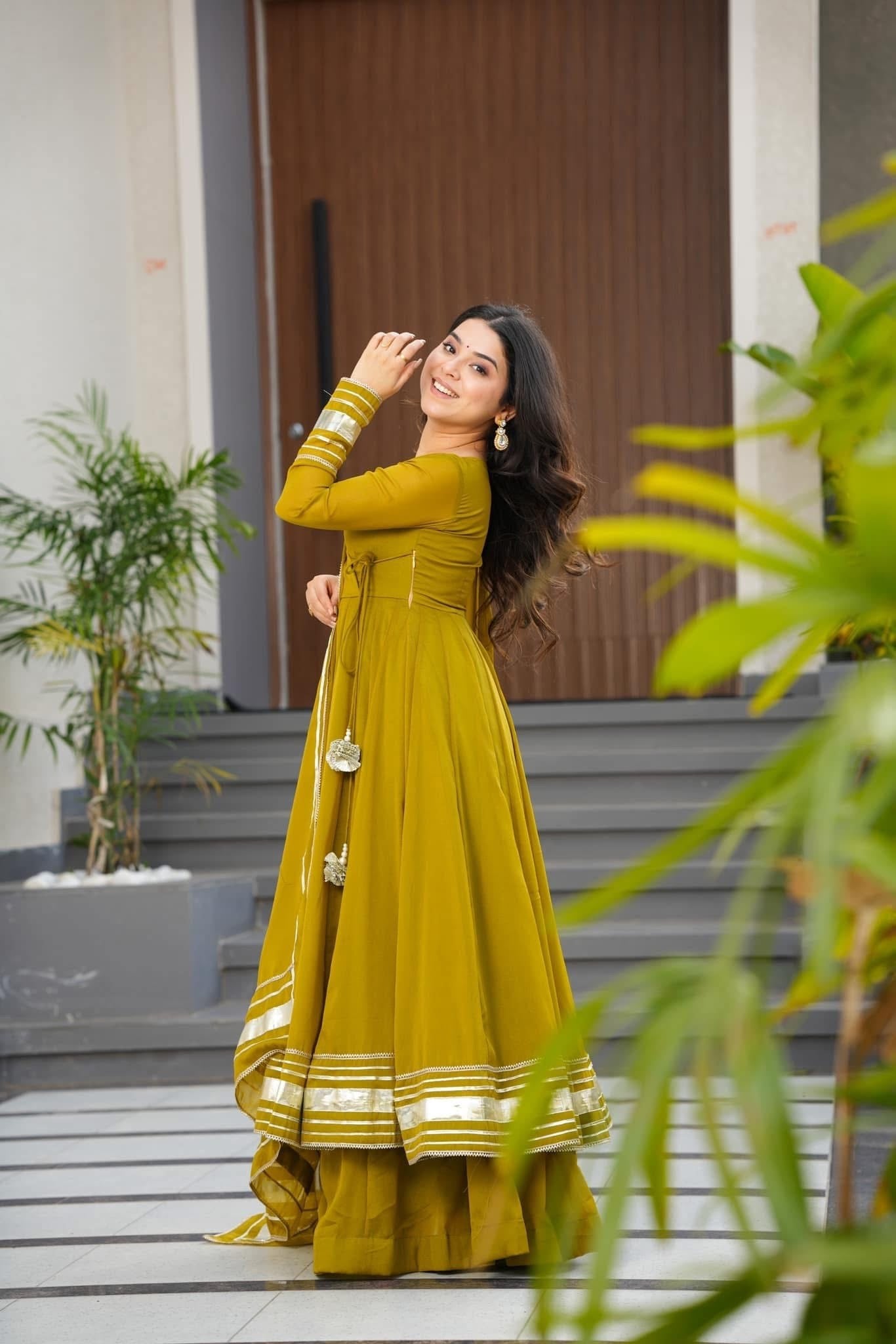 Womenline Olive Green Anarkali Sharara Set with Gota Border Dupatta