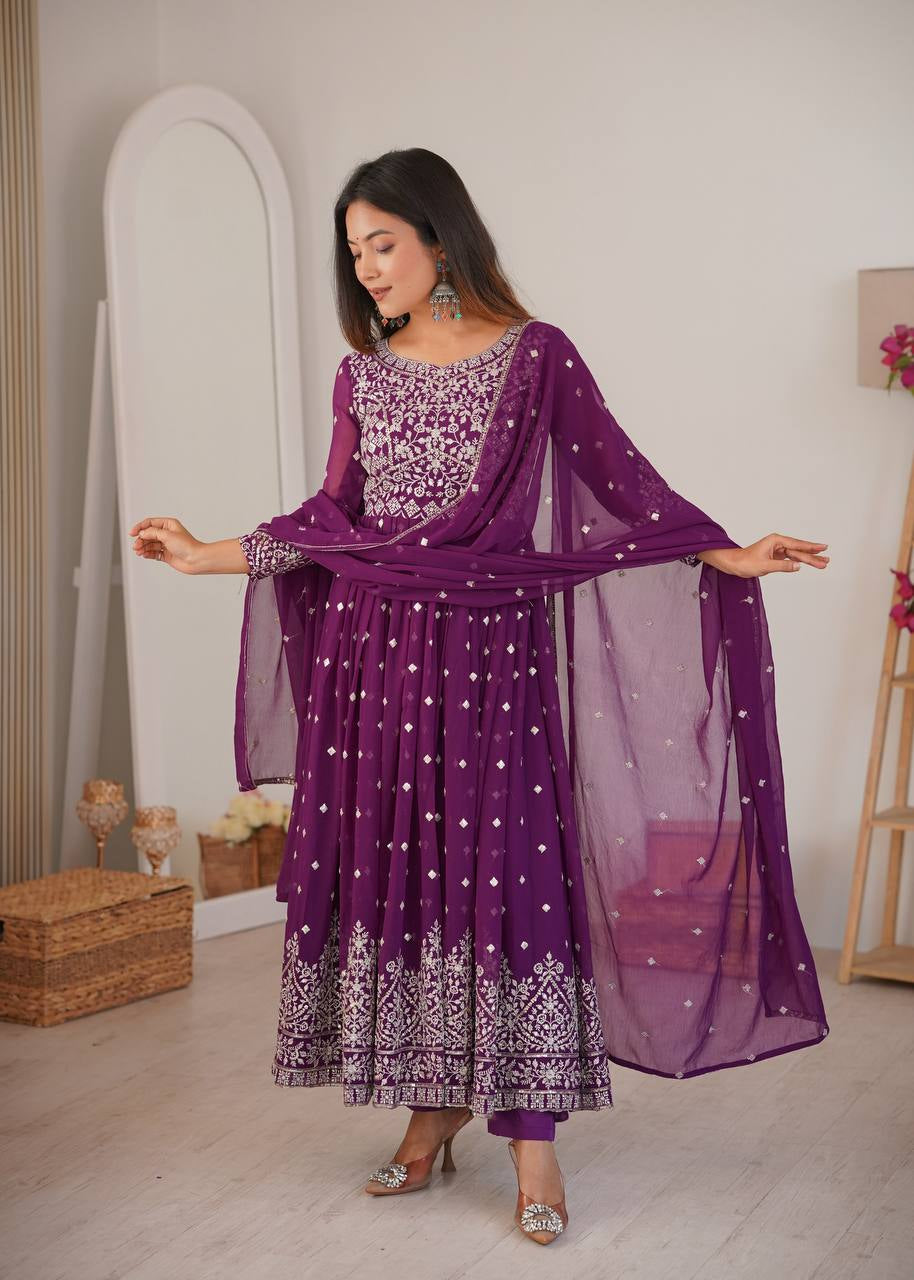 Womenline Elegant Deep Purple Anarkali Gown Set with Heavy Silver Embroidery & Dupatta