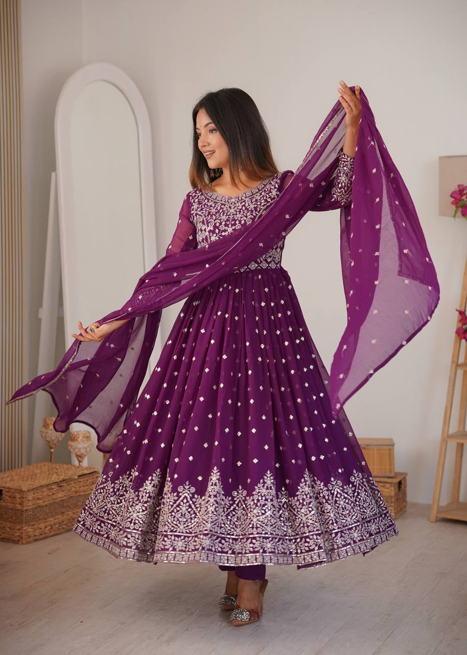Womenline Elegant Deep Purple Anarkali Gown Set with Heavy Silver Embroidery & Dupatta