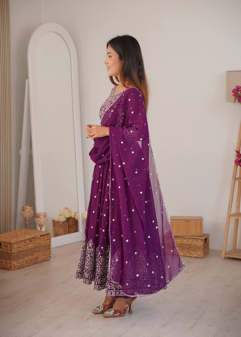 Womenline Elegant Deep Purple Anarkali Gown Set with Heavy Silver Embroidery & Dupatta