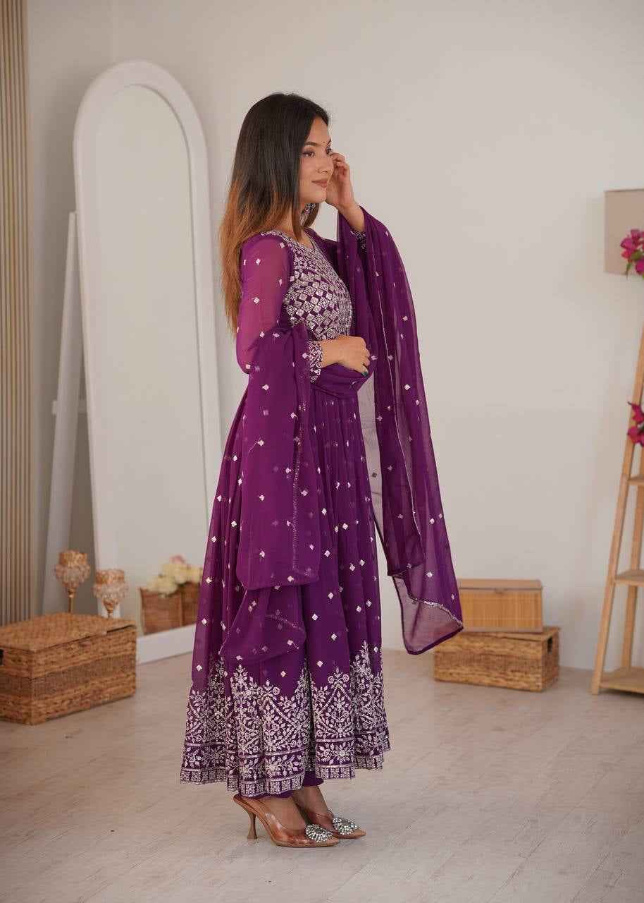 Womenline Elegant Deep Purple Anarkali Gown Set with Heavy Silver Embroidery & Dupatta