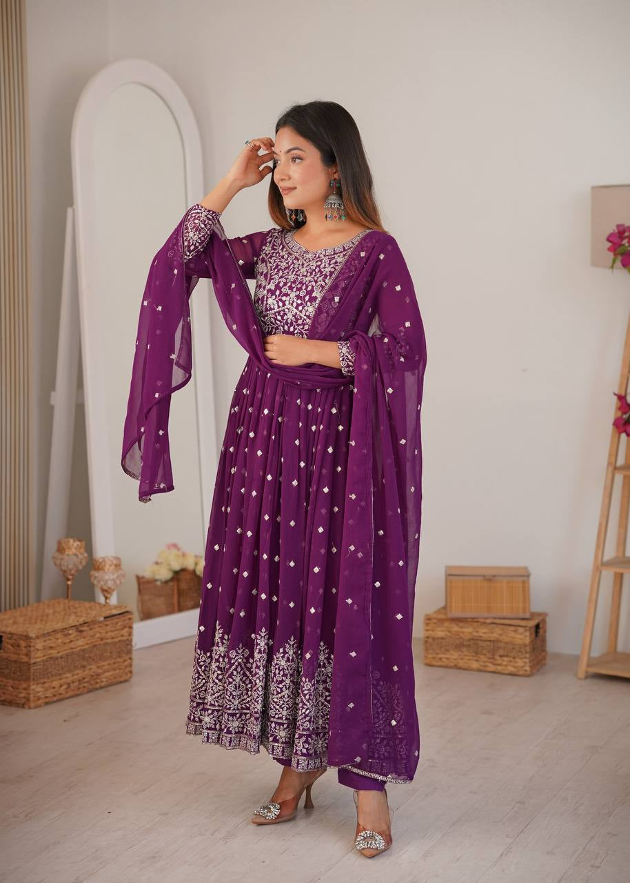 Womenline Elegant Deep Purple Anarkali Gown Set with Heavy Silver Embroidery & Dupatta