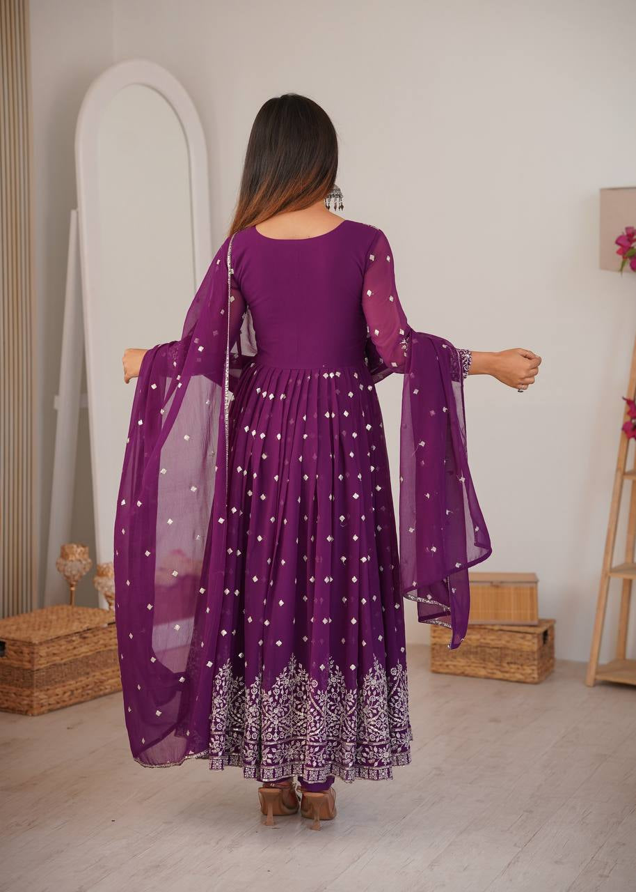 Womenline Elegant Deep Purple Anarkali Gown Set with Heavy Silver Embroidery & Dupatta