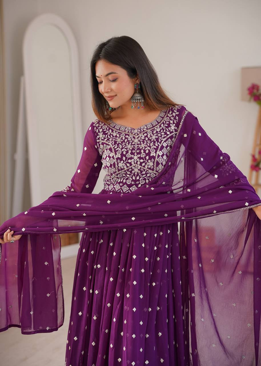 Womenline Elegant Deep Purple Anarkali Gown Set with Heavy Silver Embroidery & Dupatta