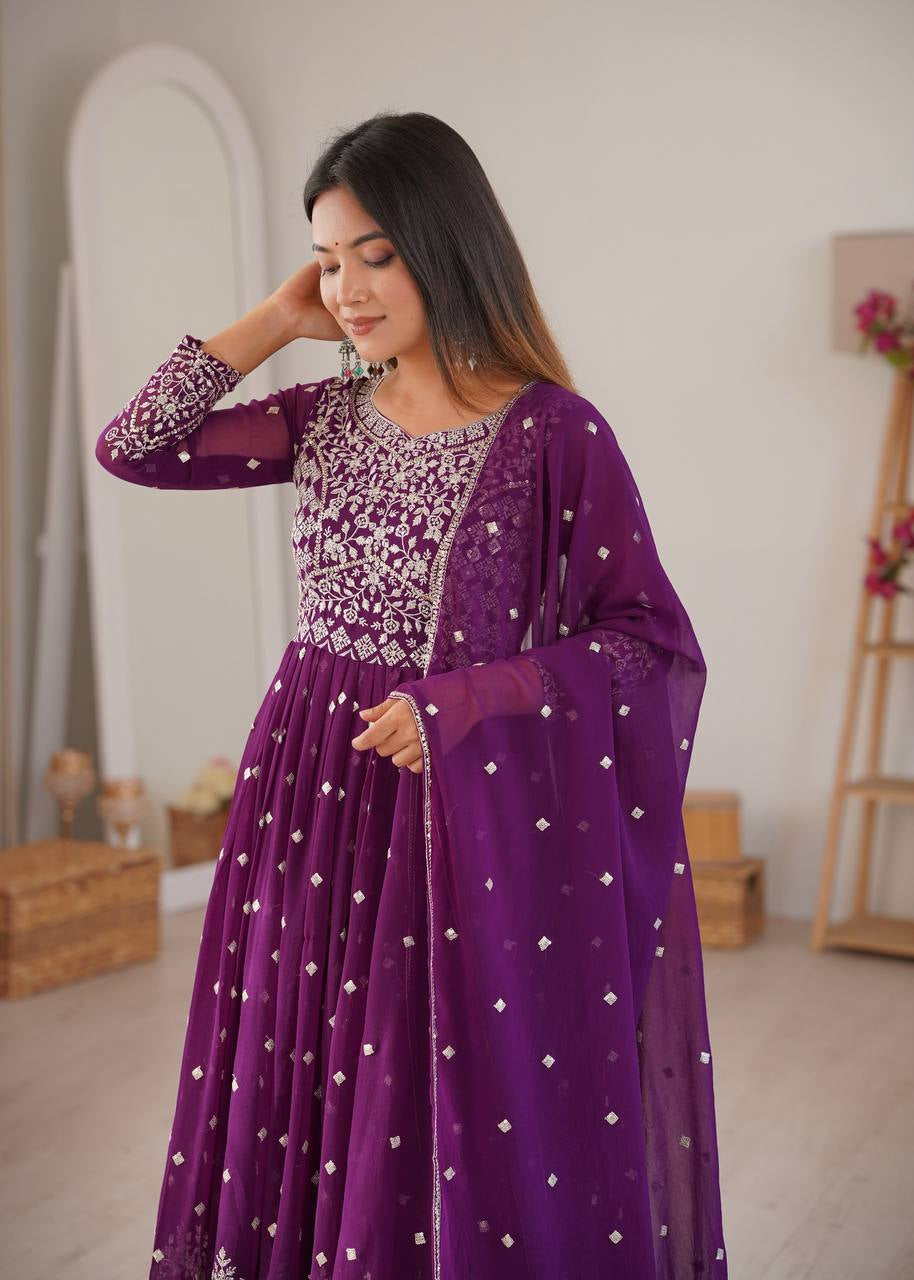 Womenline Elegant Deep Purple Anarkali Gown Set with Heavy Silver Embroidery & Dupatta