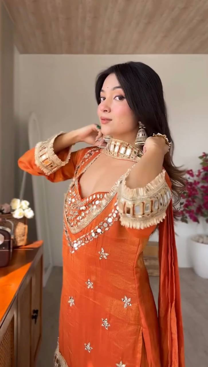 Womenline Vibrant Orange Kurta Set with Mirror Work Embroidery & Designer Dupatta