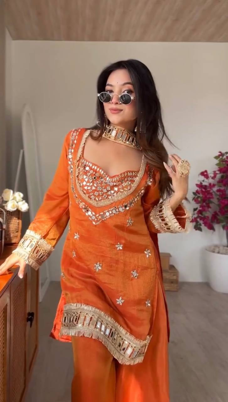 Womenline Vibrant Orange Kurta Set with Mirror Work Embroidery & Designer Dupatta