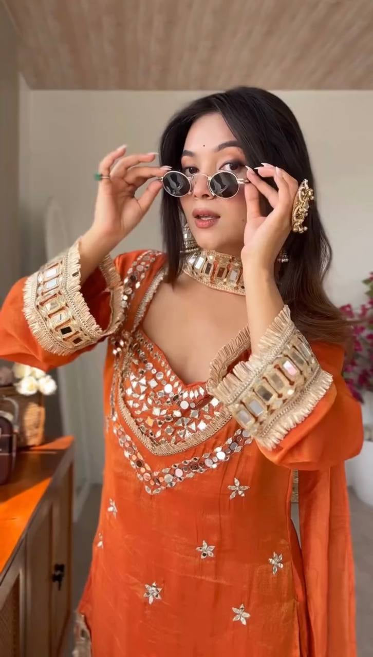 Womenline Vibrant Orange Kurta Set with Mirror Work Embroidery & Designer Dupatta