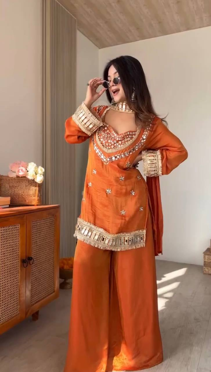 Womenline Vibrant Orange Kurta Set with Mirror Work Embroidery & Designer Dupatta