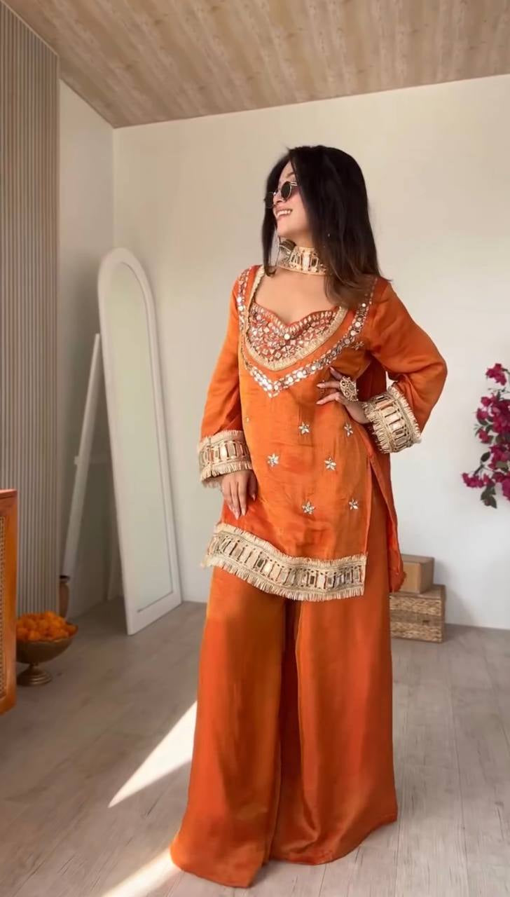 Womenline Vibrant Orange Kurta Set with Mirror Work Embroidery & Designer Dupatta