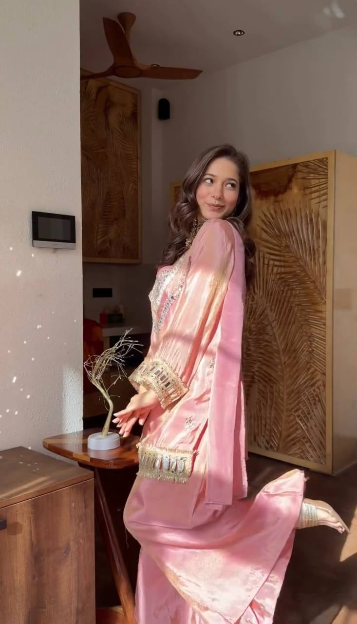Womenline Blush Pink Kurta Set with Mirror Work Embroidery & Statement Dupatta